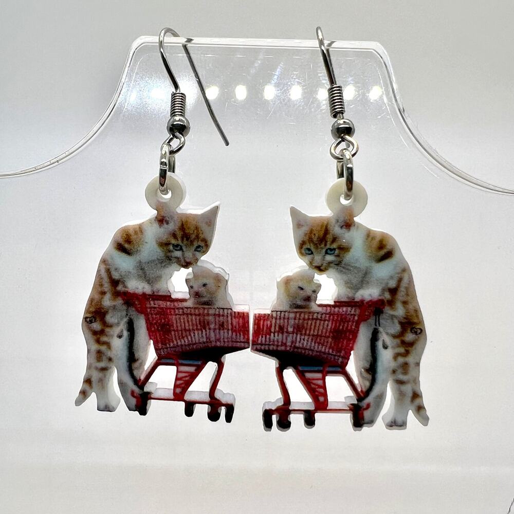 Shopping Cat Earrings - Kitten Earrings - Grocery Accessories - Cat Accessories